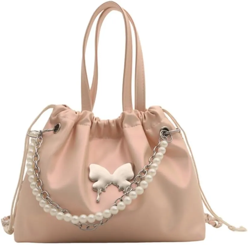 Mini Bucket Bag Y2k Butterfly Satin Shoulder Bag Drawstring Handbag with Pearl Chain Small Crossbody Bag for Women