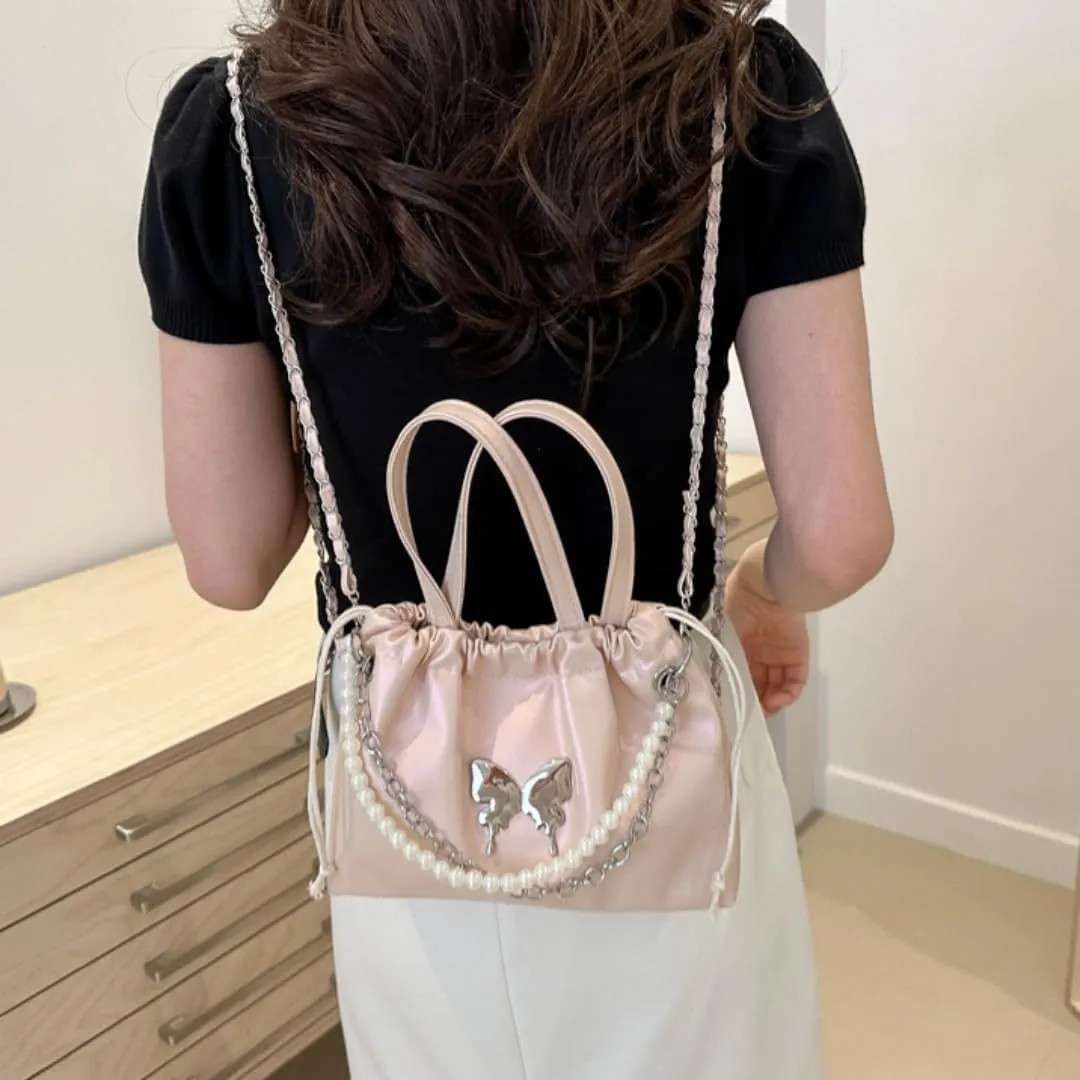 Mini Bucket Bag Y2k Butterfly Satin Shoulder Bag Drawstring Handbag with Pearl Chain Small Crossbody Bag for Women
