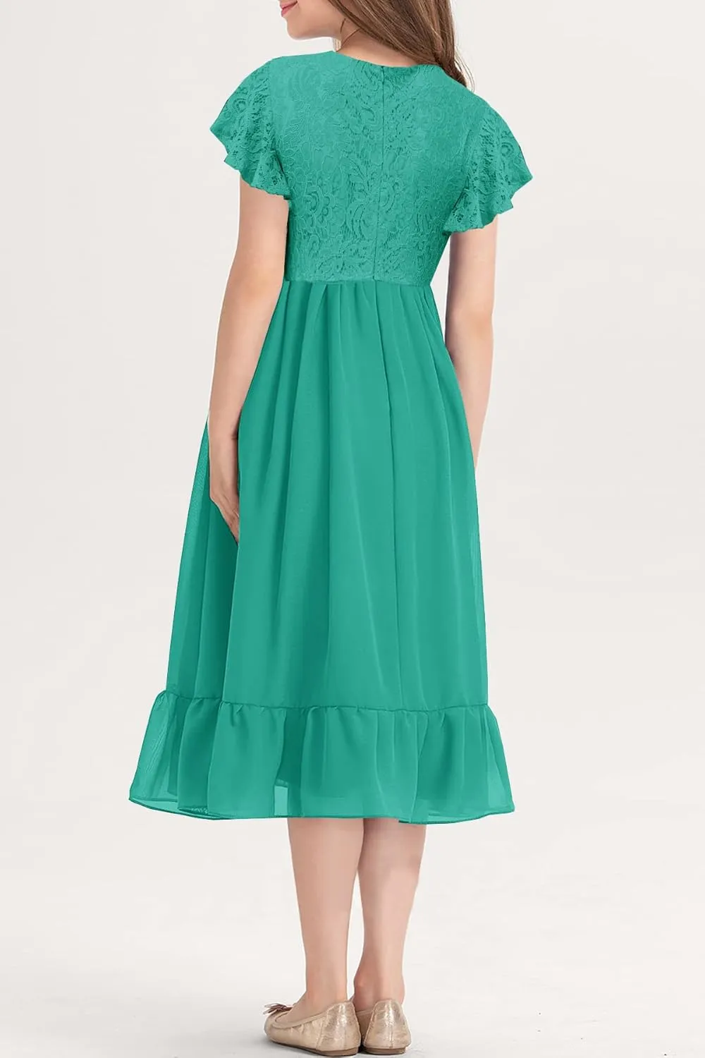 MITILLY Girls Elegant Lace Flower Crew Neck Ruffle Chiffon A-Line Flowy Birthday Party Midi Dress