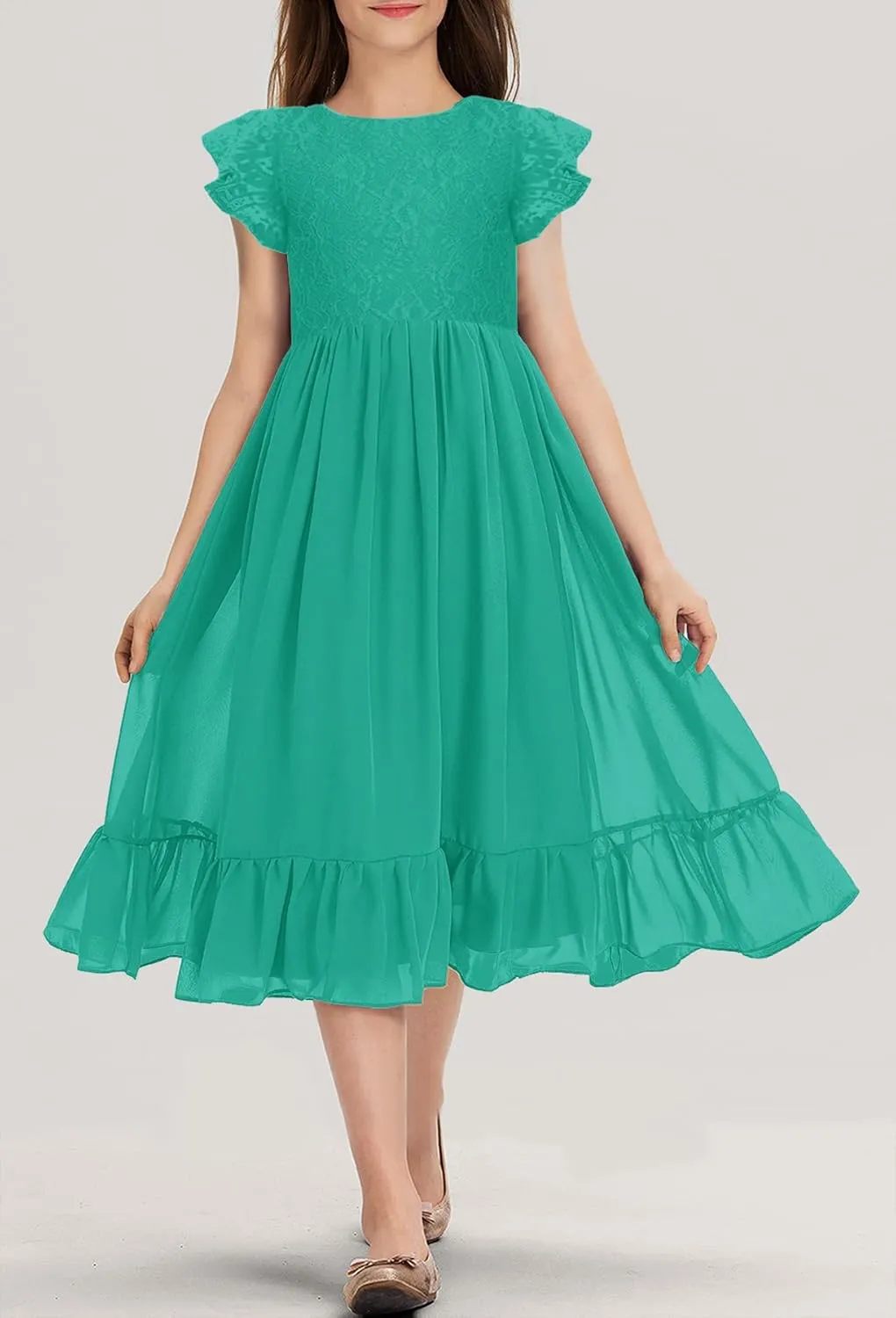 MITILLY Girls Elegant Lace Flower Crew Neck Ruffle Chiffon A-Line Flowy Birthday Party Midi Dress