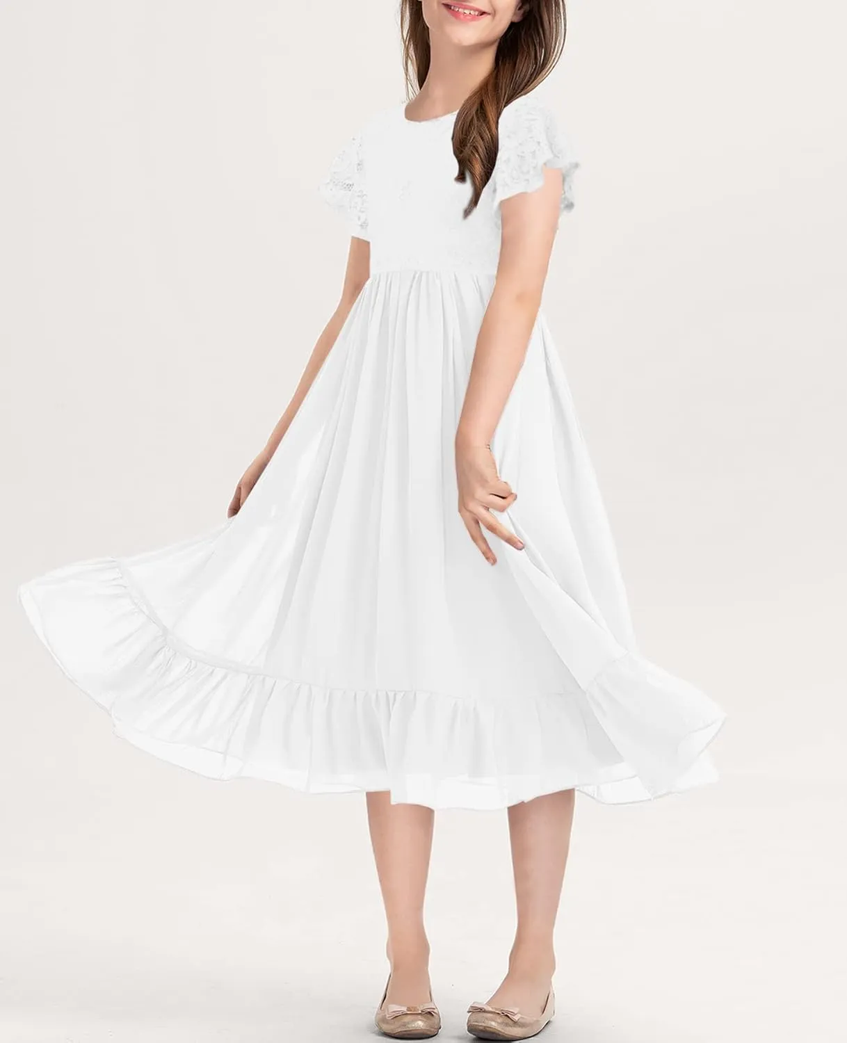 MITILLY Girls Elegant Lace Flower Crew Neck Ruffle Chiffon A-Line Flowy Birthday Party Midi Dress
