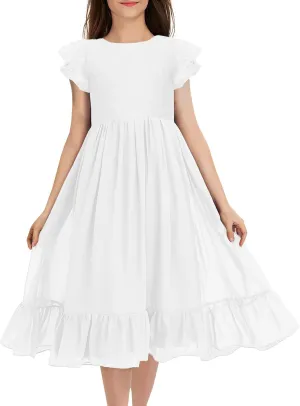 MITILLY Girls Elegant Lace Flower Crew Neck Ruffle Chiffon A-Line Flowy Birthday Party Midi Dress