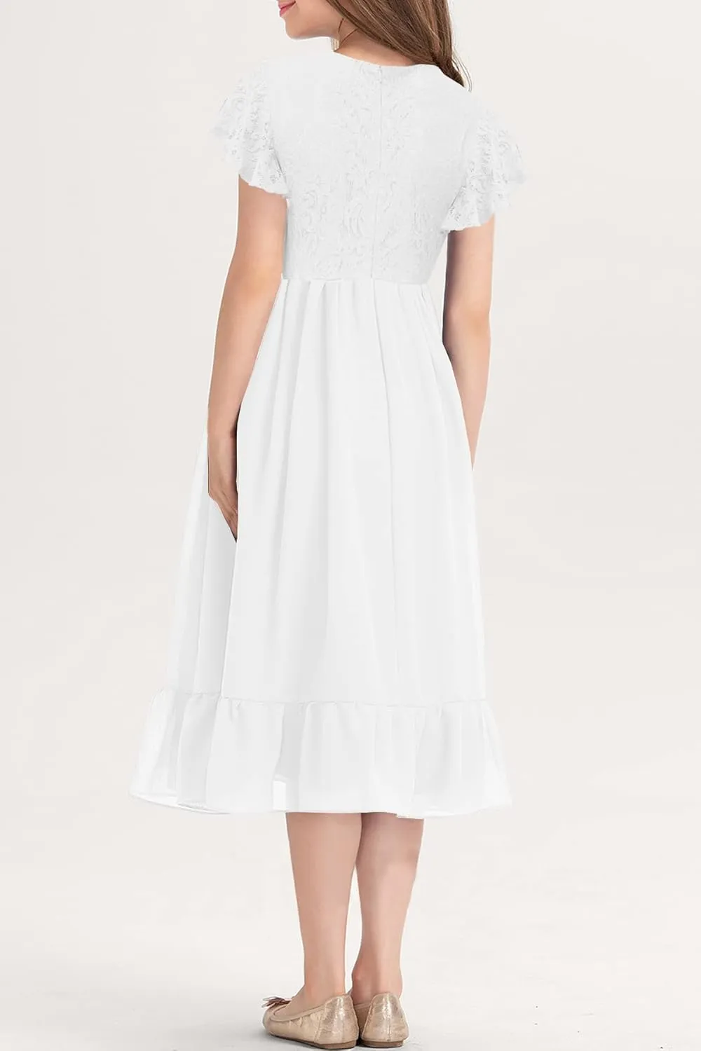 MITILLY Girls Elegant Lace Flower Crew Neck Ruffle Chiffon A-Line Flowy Birthday Party Midi Dress