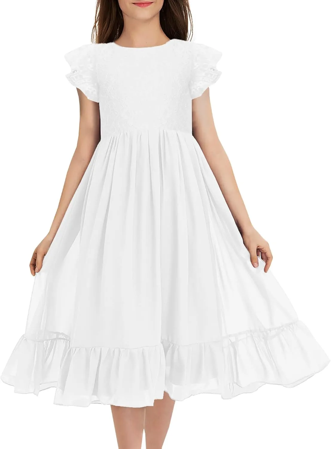 MITILLY Girls Elegant Lace Flower Crew Neck Ruffle Chiffon A-Line Flowy Birthday Party Midi Dress