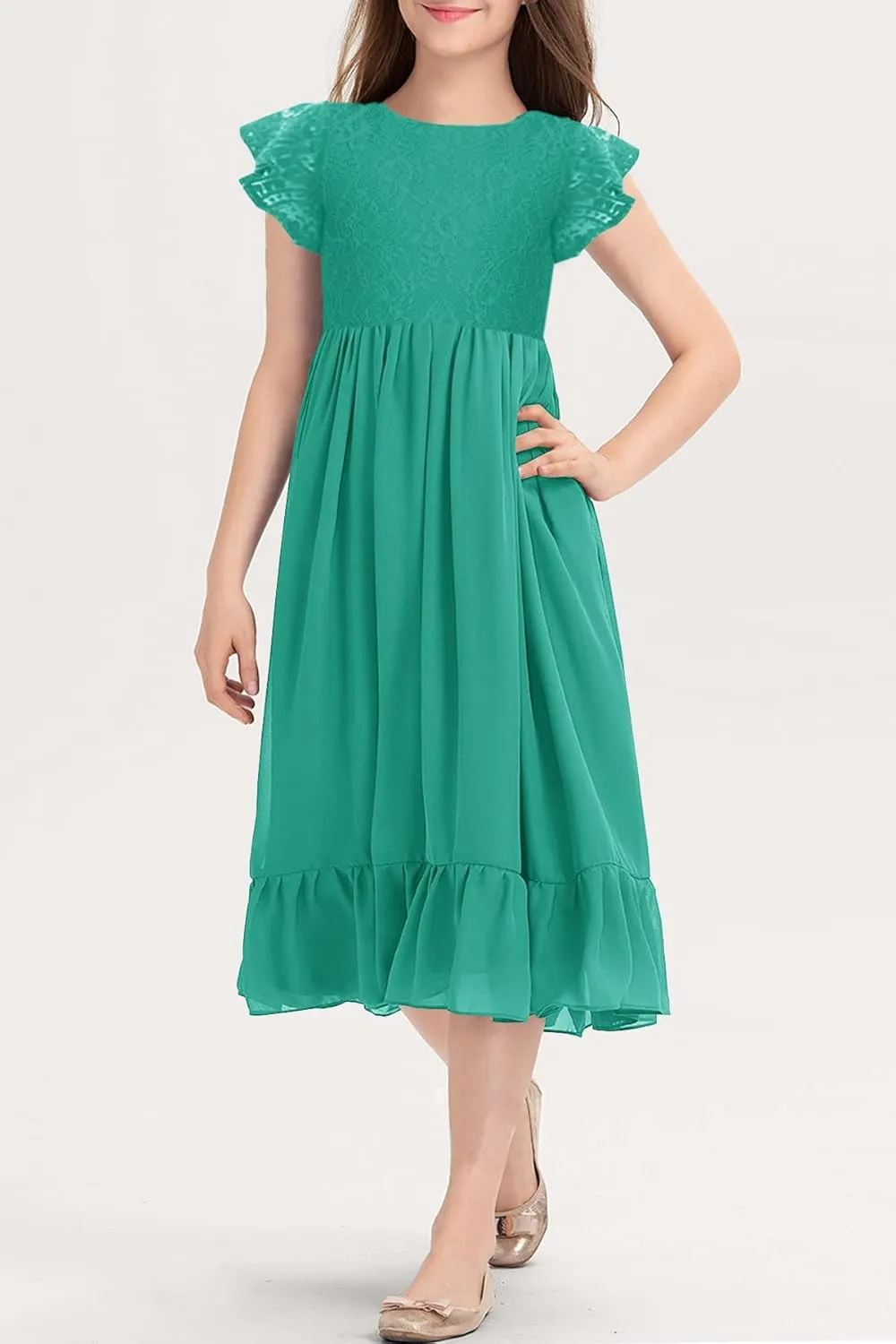 MITILLY Girls Elegant Lace Flower Crew Neck Ruffle Chiffon A-Line Flowy Birthday Party Midi Dress