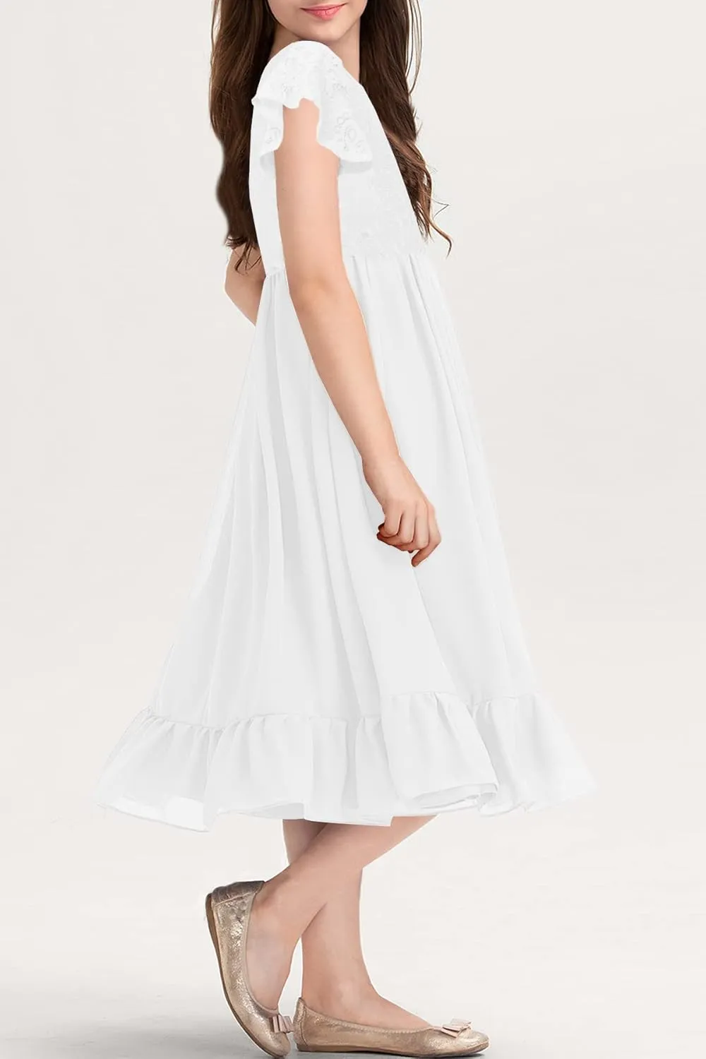 MITILLY Girls Elegant Lace Flower Crew Neck Ruffle Chiffon A-Line Flowy Birthday Party Midi Dress