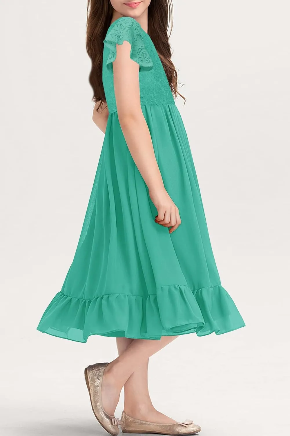 MITILLY Girls Elegant Lace Flower Crew Neck Ruffle Chiffon A-Line Flowy Birthday Party Midi Dress