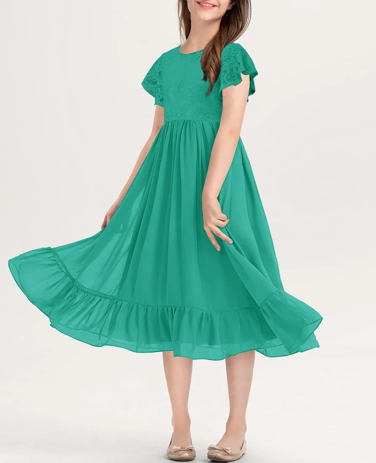 MITILLY Girls Elegant Lace Flower Crew Neck Ruffle Chiffon A-Line Flowy Birthday Party Midi Dress