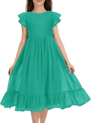 MITILLY Girls Elegant Lace Flower Crew Neck Ruffle Chiffon A-Line Flowy Birthday Party Midi Dress