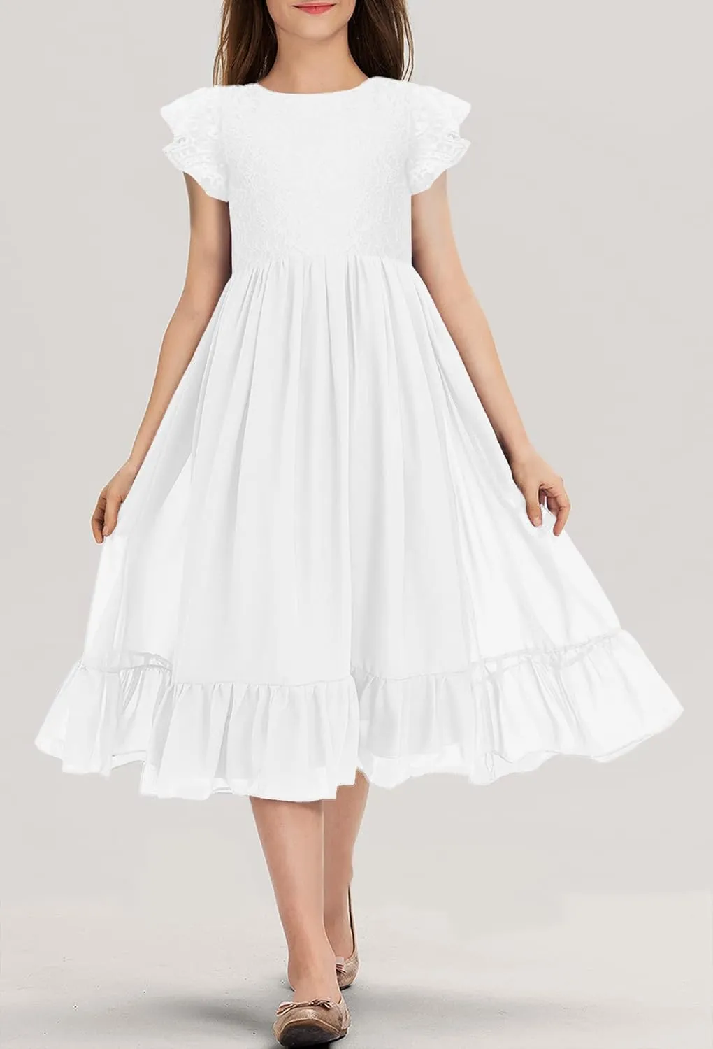 MITILLY Girls Elegant Lace Flower Crew Neck Ruffle Chiffon A-Line Flowy Birthday Party Midi Dress