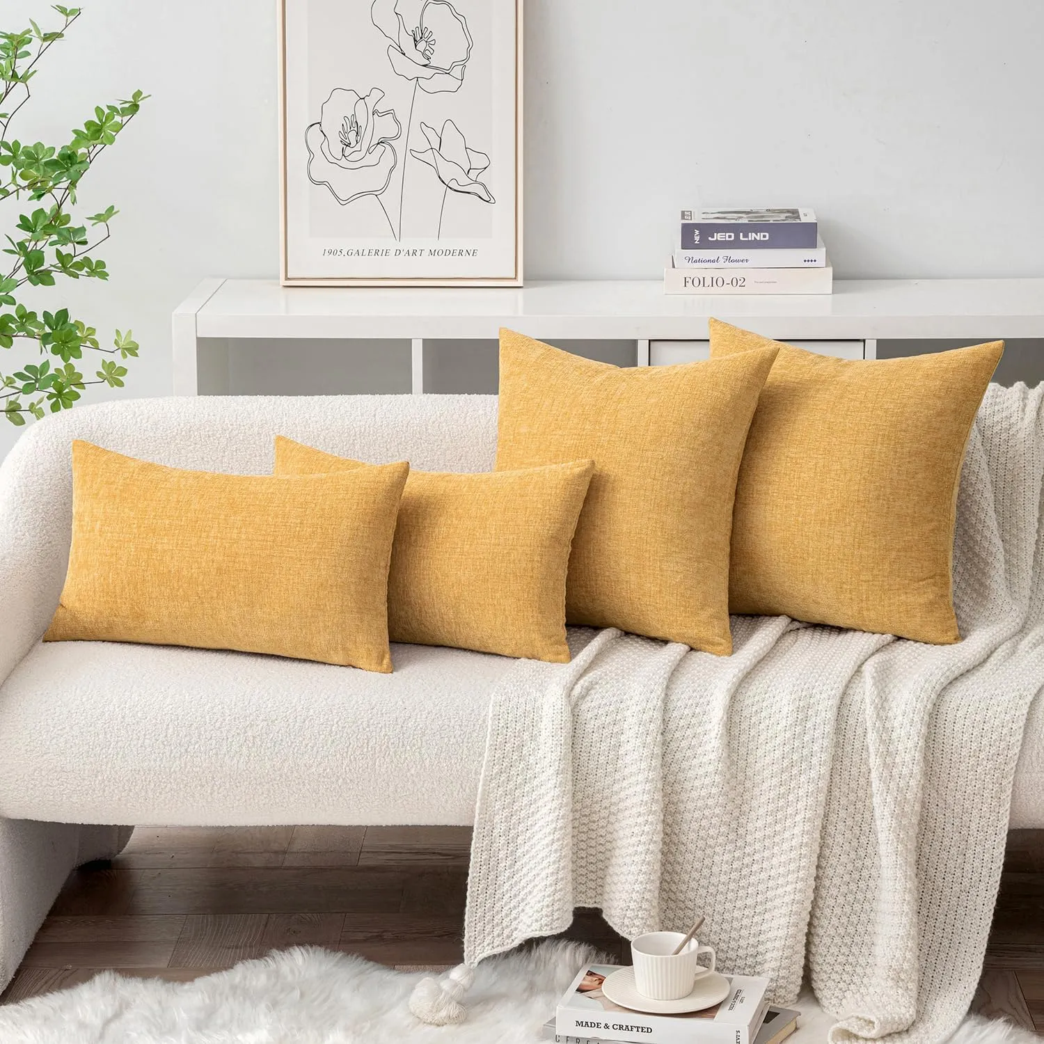 MIULEE Pack of 2 Couch Throw Pillow Covers 18x18 Inch Soft Beige Yellow Chenille Pillow Covers for Sofa Living Room Solid Dyed Pillow Cases