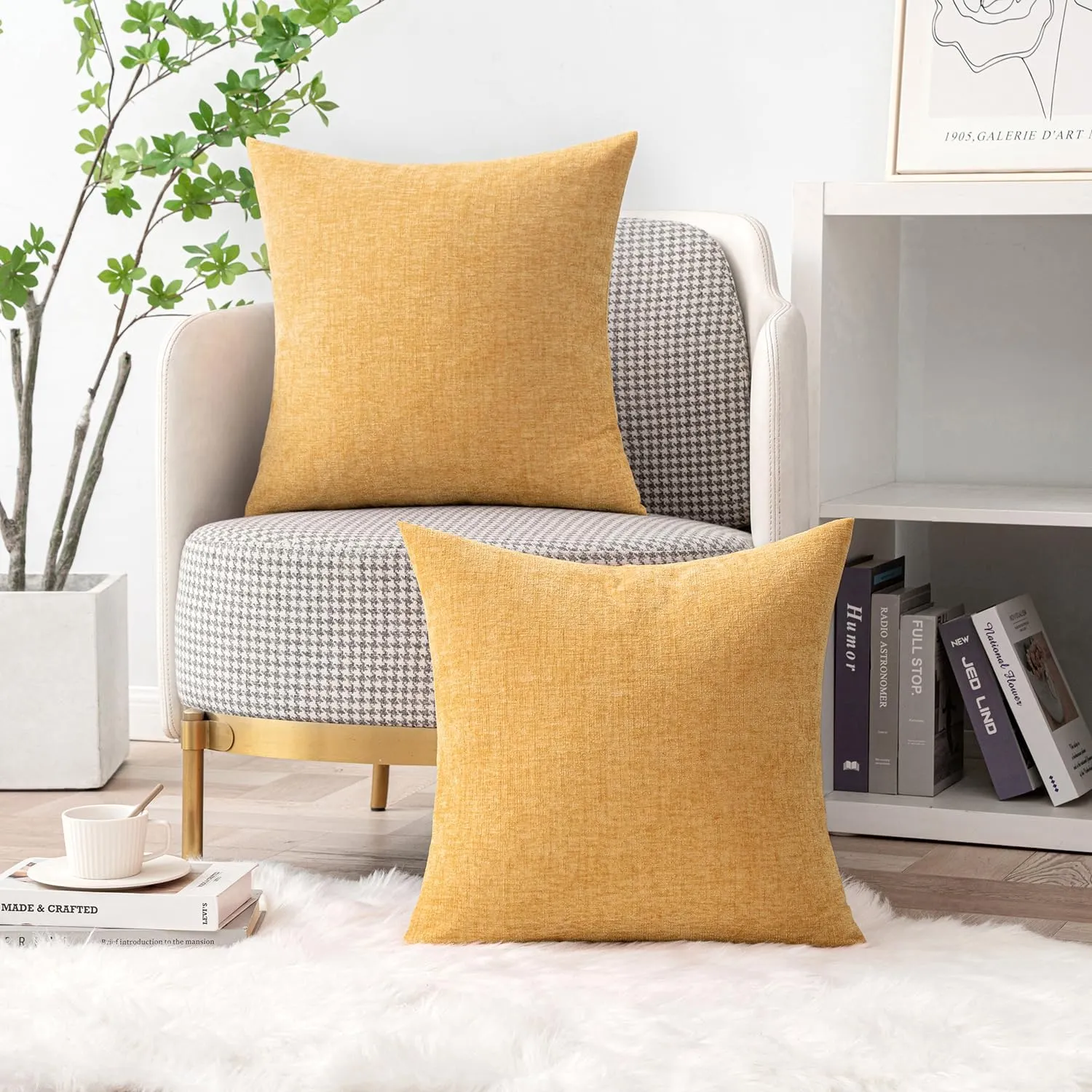 MIULEE Pack of 2 Couch Throw Pillow Covers 18x18 Inch Soft Beige Yellow Chenille Pillow Covers for Sofa Living Room Solid Dyed Pillow Cases