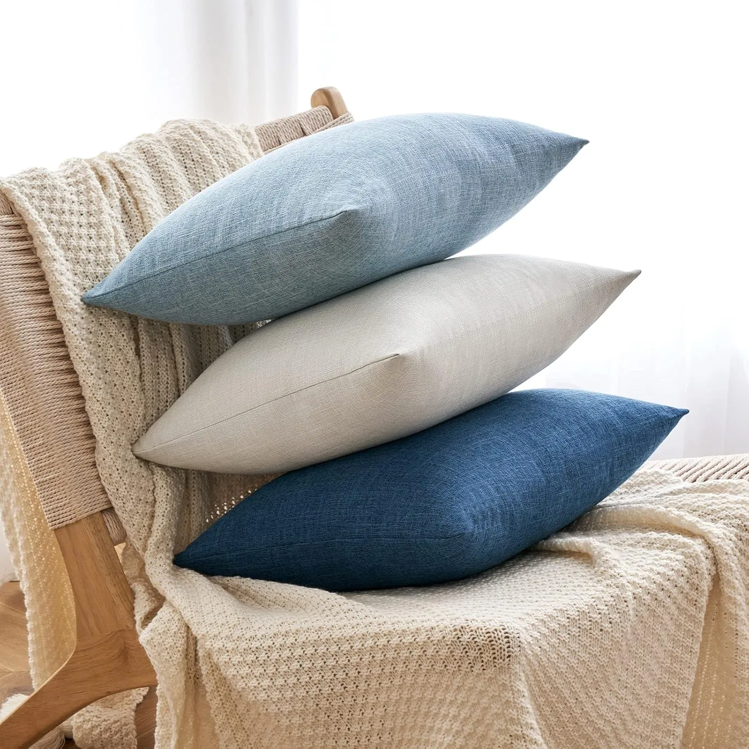 MIULEE Pack of 2 Decorative Linen Burlap Coastal Pillow Covers Farmhouse Boho Accent Pillowcases for Sofa Car Couch Bedroom Living Room Decor 20x20 Inch Light Blue