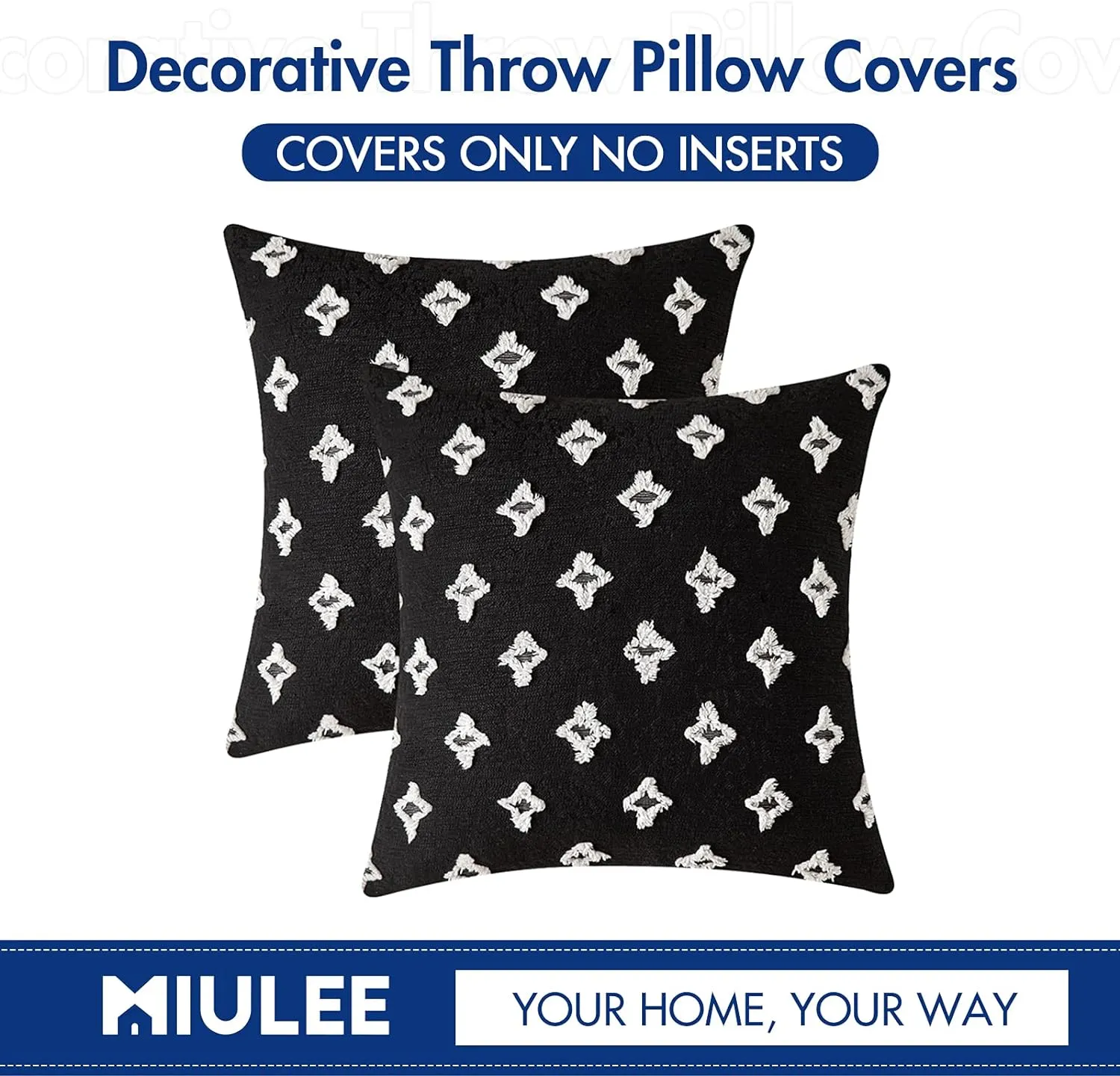 MIULEE Set of 2 Decorative Throw Pillow Covers Rhombic Jacquard Pillowcase Soft Square Cushion Case for Summer Couch Sofa Bed Bedroom Car Living Room, 18x18 Inch, Black