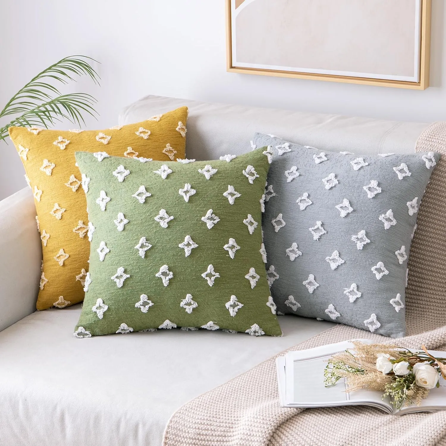 MIULEE Set of 2 Sage Green Decorative Throw Pillow Covers Rhombic Jacquard Pillowcase Soft Square Cushion Case for Spring Summer Couch Sofa Bed Bedroom Living Room 18x18 Inch
