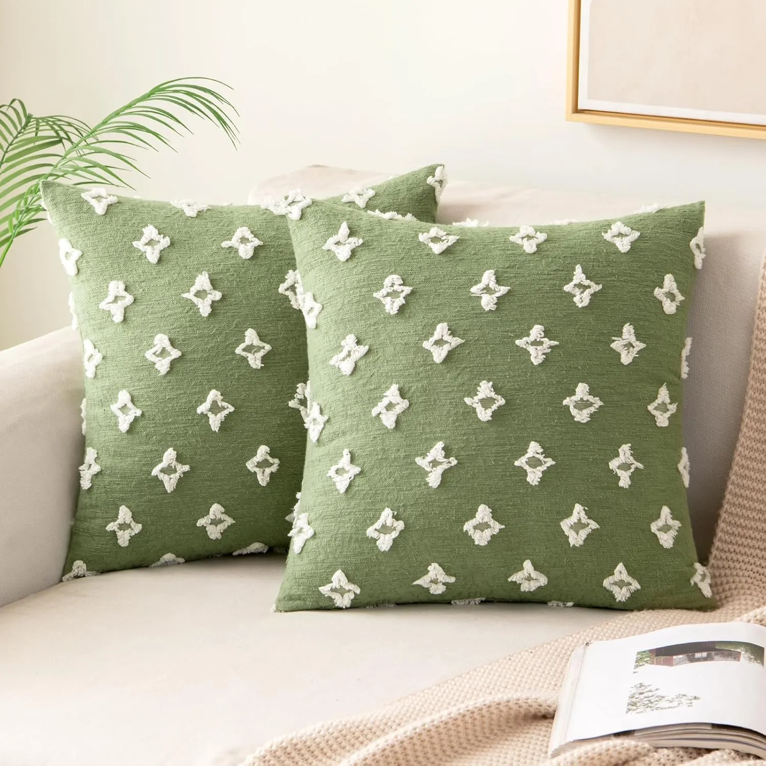 MIULEE Set of 2 Sage Green Decorative Throw Pillow Covers Rhombic Jacquard Pillowcase Soft Square Cushion Case for Spring Summer Couch Sofa Bed Bedroom Living Room 18x18 Inch