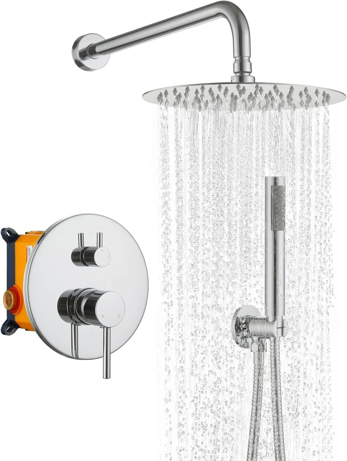 MONDAWE Round Shower Faucet Set, Wall Mounted Shower System 10 Inch Rainfall Shower Head with Handheld Combo, Chrome High Pressure Rainfall Shower Set -Valve Included