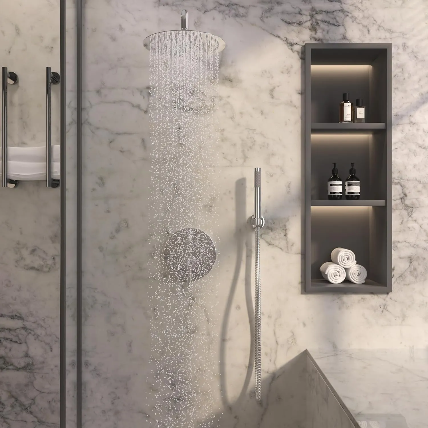 MONDAWE Round Shower Faucet Set, Wall Mounted Shower System 10 Inch Rainfall Shower Head with Handheld Combo, Chrome High Pressure Rainfall Shower Set -Valve Included