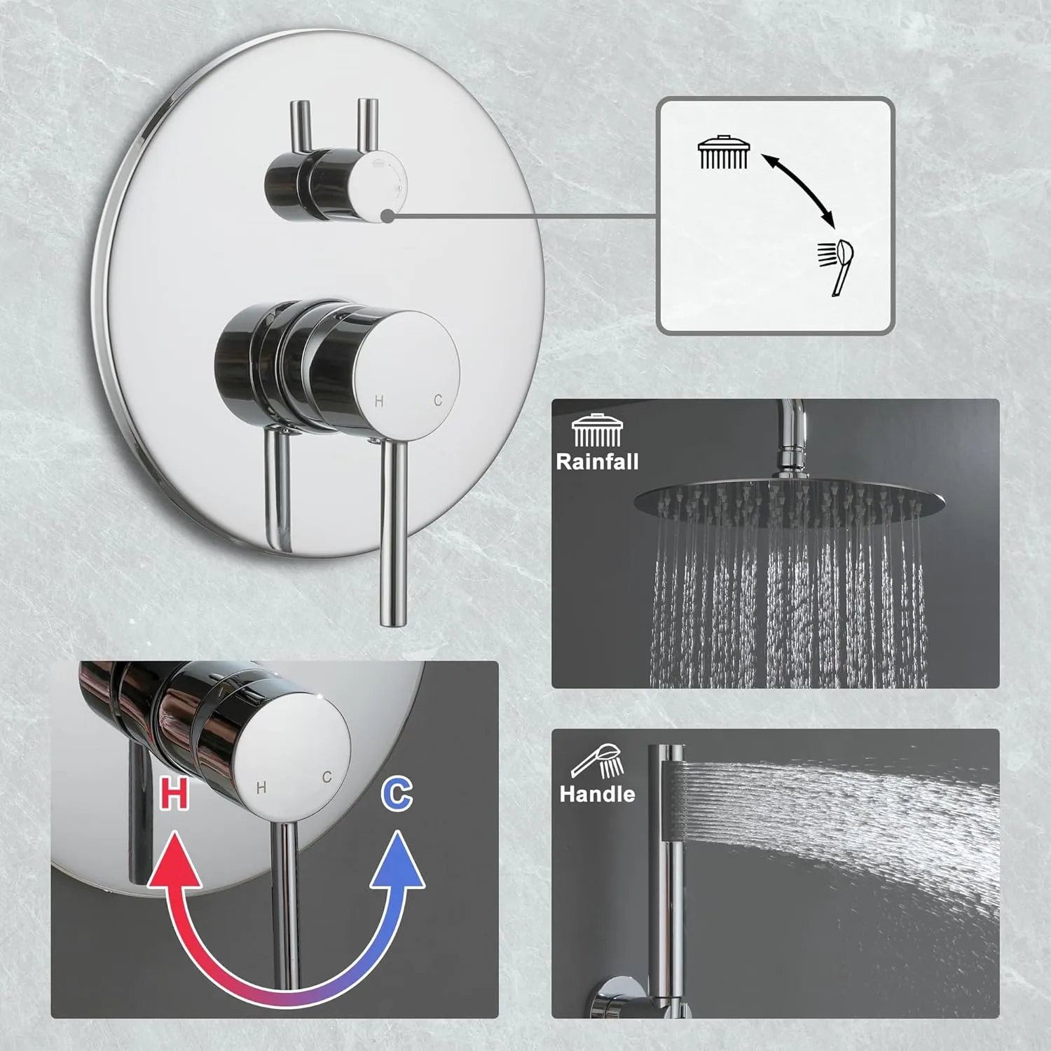 MONDAWE Round Shower Faucet Set, Wall Mounted Shower System 10 Inch Rainfall Shower Head with Handheld Combo, Chrome High Pressure Rainfall Shower Set -Valve Included