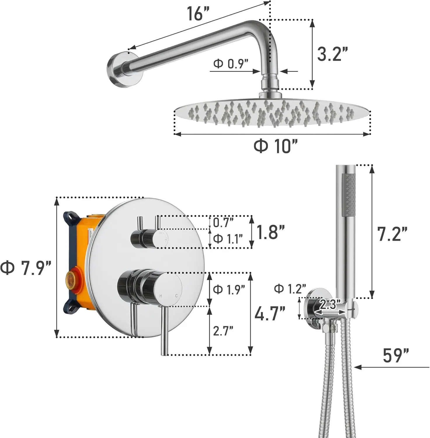 MONDAWE Round Shower Faucet Set, Wall Mounted Shower System 10 Inch Rainfall Shower Head with Handheld Combo, Chrome High Pressure Rainfall Shower Set -Valve Included