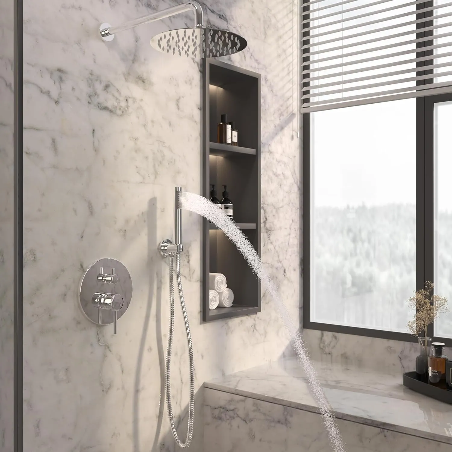 MONDAWE Round Shower Faucet Set, Wall Mounted Shower System 10 Inch Rainfall Shower Head with Handheld Combo, Chrome High Pressure Rainfall Shower Set -Valve Included