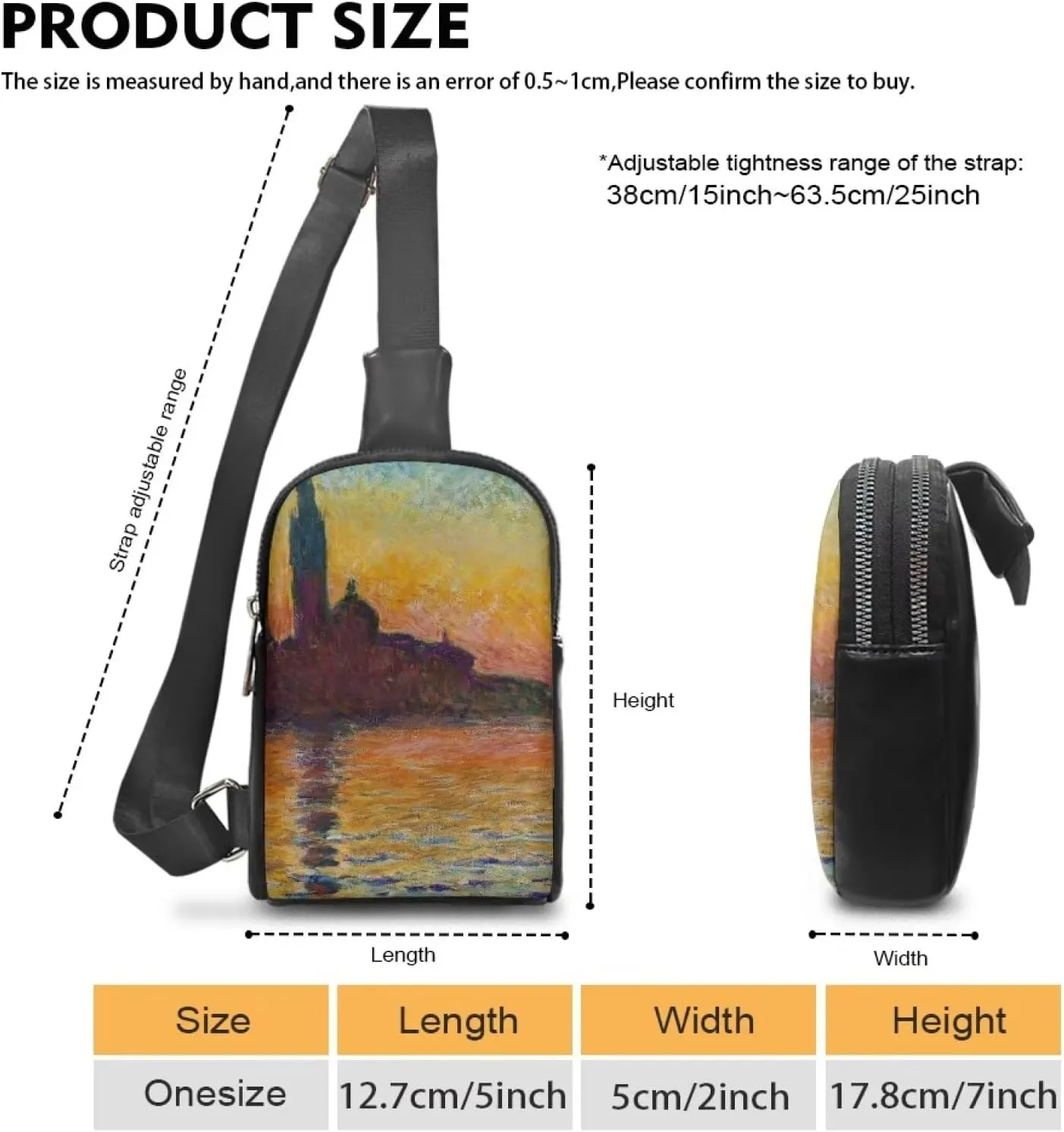 Monet Oil Painted Small Sling Backpack Crossbody Sling Bag for Women, Impressionism Painting Art Leather Fanny Pack Chest Bag for Travel, San Giorgio Maggiore at Dusk