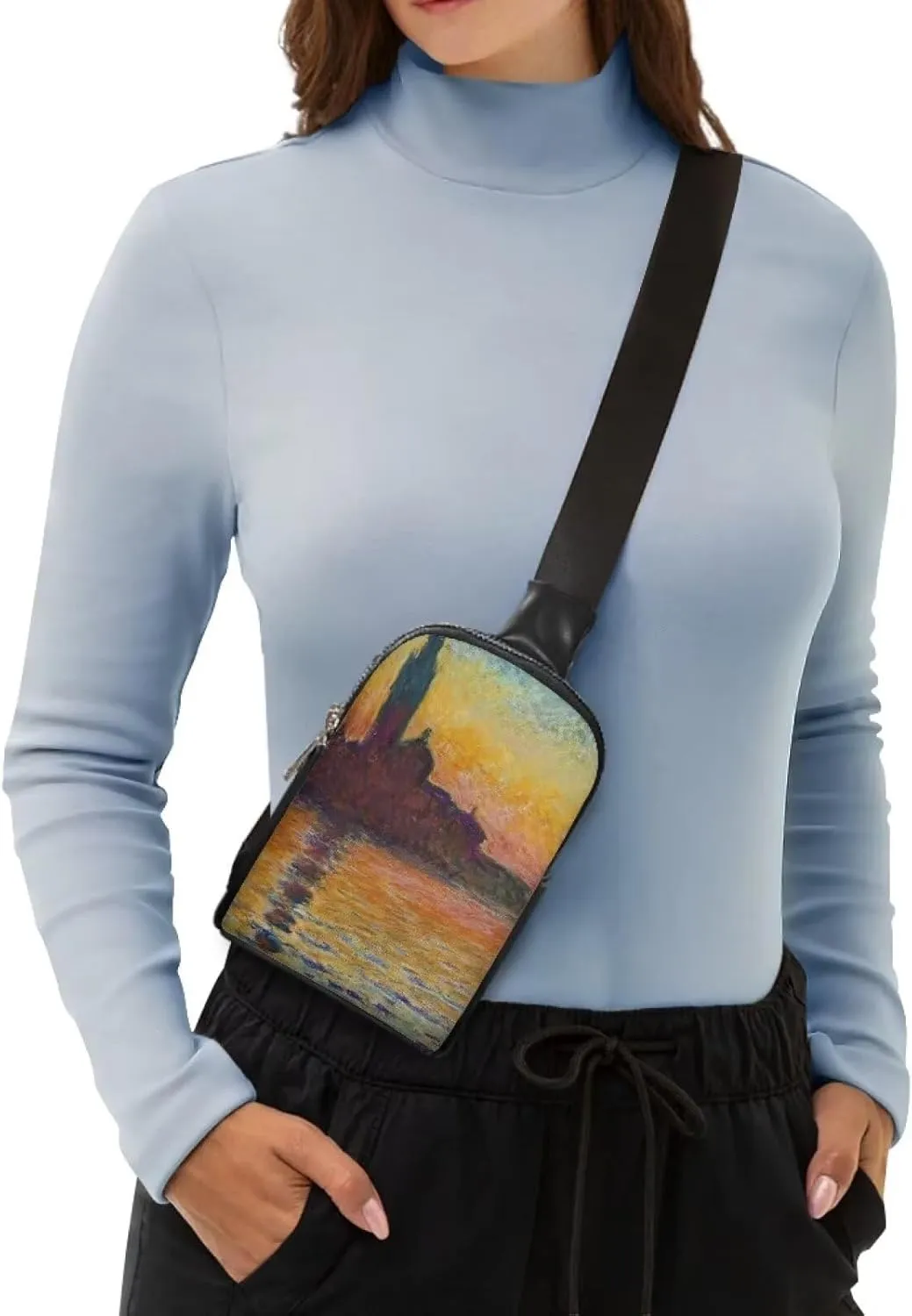 Monet Oil Painted Small Sling Backpack Crossbody Sling Bag for Women, Impressionism Painting Art Leather Fanny Pack Chest Bag for Travel, San Giorgio Maggiore at Dusk