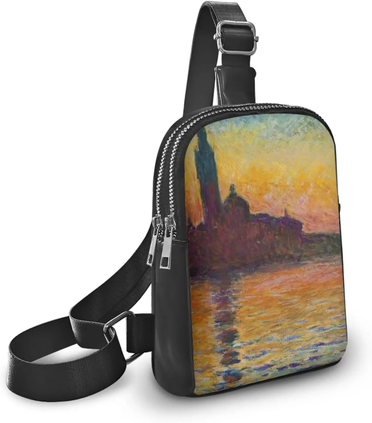 Monet Oil Painted Small Sling Backpack Crossbody Sling Bag for Women, Impressionism Painting Art Leather Fanny Pack Chest Bag for Travel, San Giorgio Maggiore at Dusk