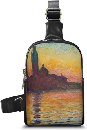Monet Oil Painted Small Sling Backpack Crossbody Sling Bag for Women, Impressionism Painting Art Leather Fanny Pack Chest Bag for Travel, San Giorgio Maggiore at Dusk