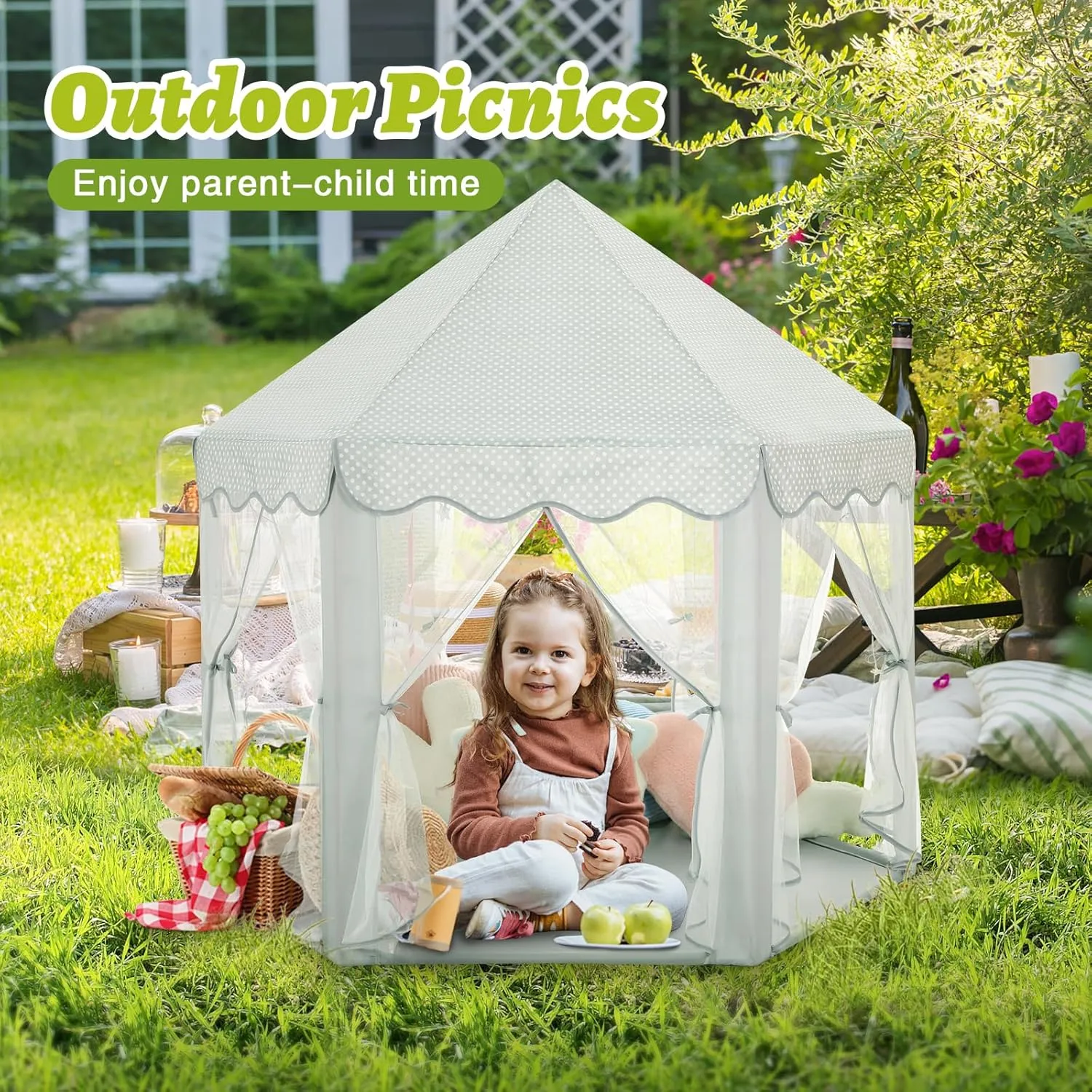 Monobeach Princess Tent Girls Celadon Large Playhouse Kids Castle Play Tent with Star Lights Gift Toy for Children Indoor and Outdoor Games, 55'' x 53'' (DxH)