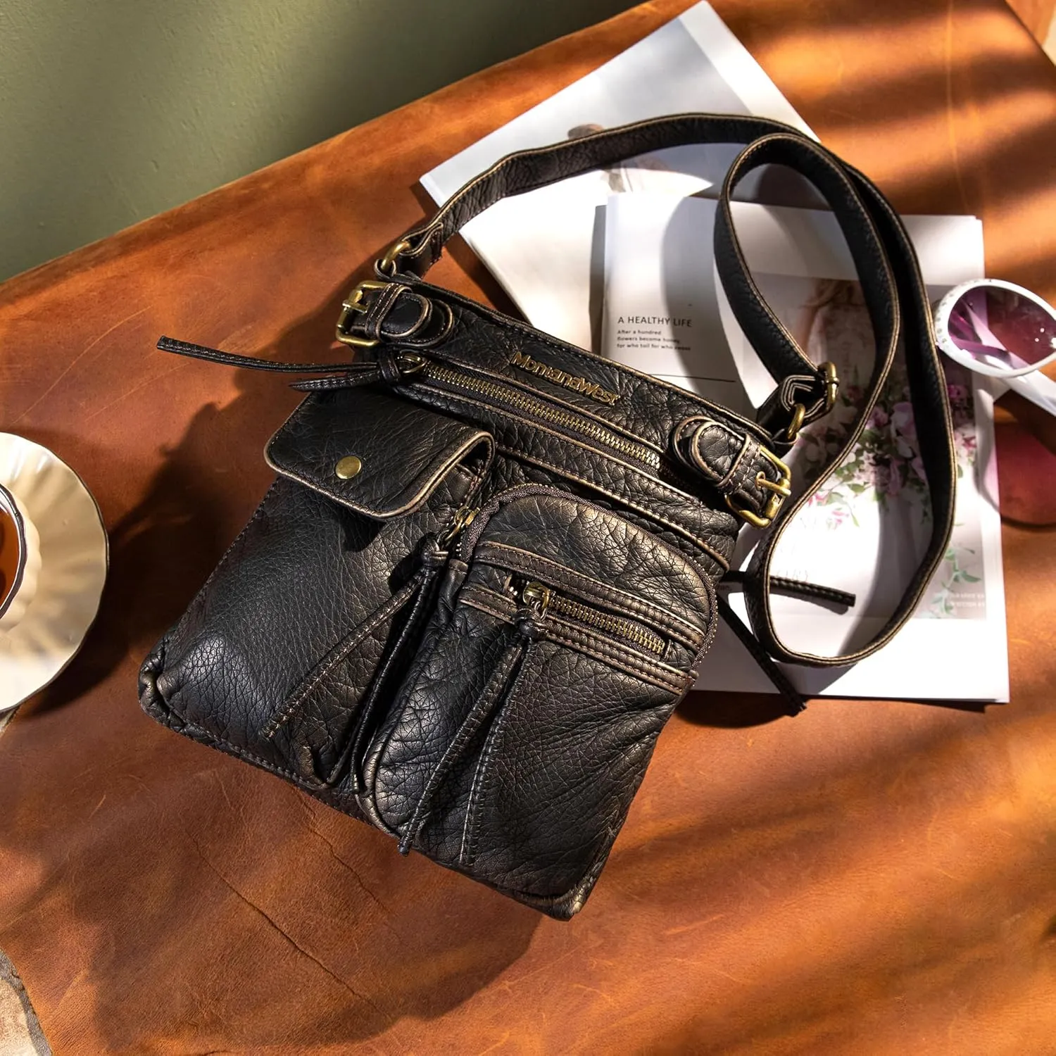 Montana West Crossbody Bag for Women Soft Washed Leather Multi Pocket crossbody handbags