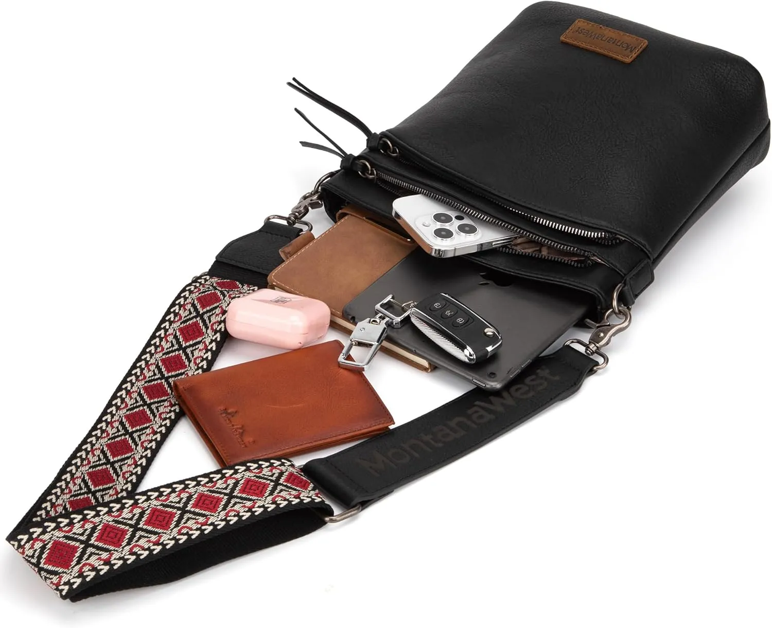 Montana West Multi Zip Pocket Large Crossbody Bag With Guitar Strap
