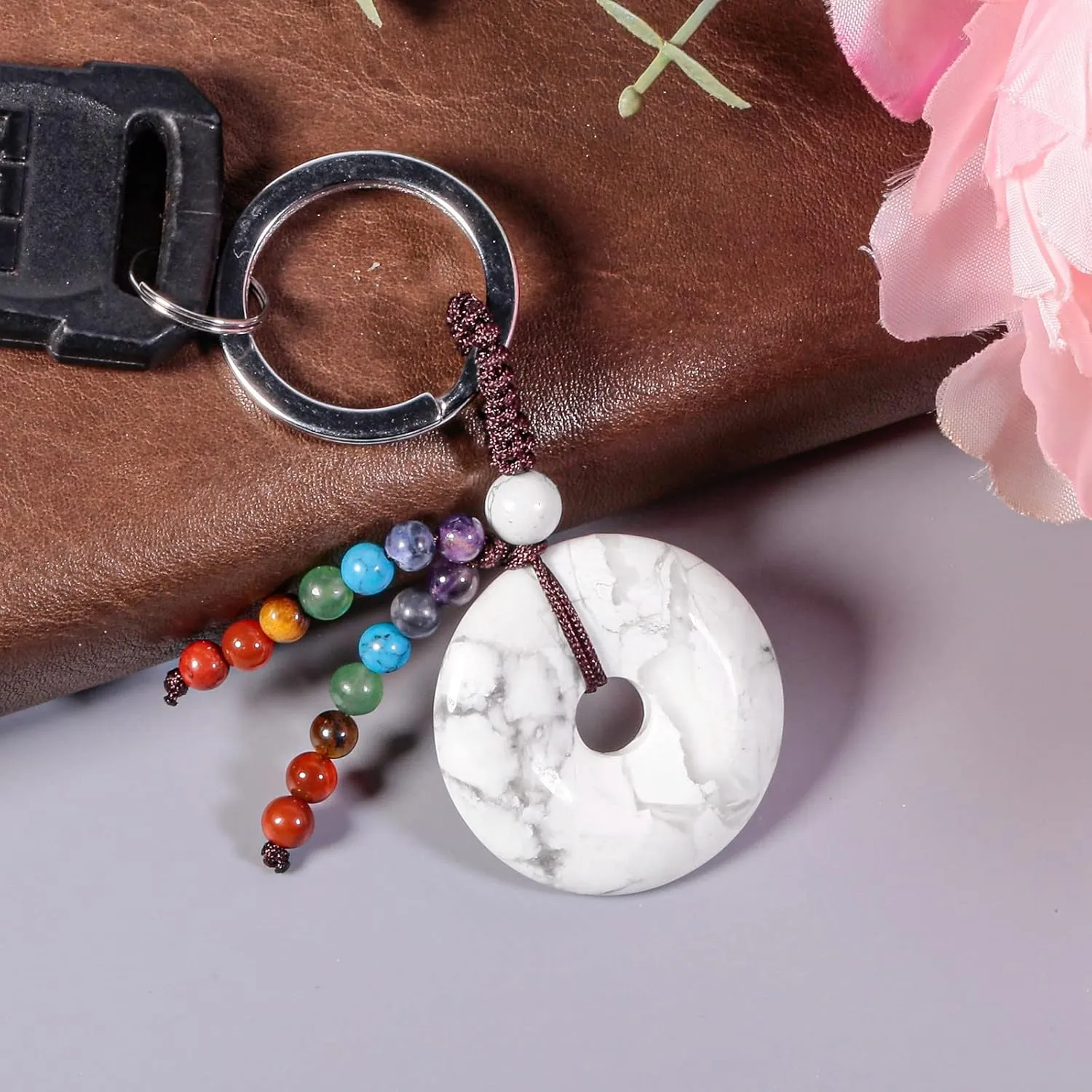 moonsix Crystal Peace Buckle Donut Keychain with 7 Chakra Beads Natural Reiki Healing Stones Keyring Charm Decor for Unisex