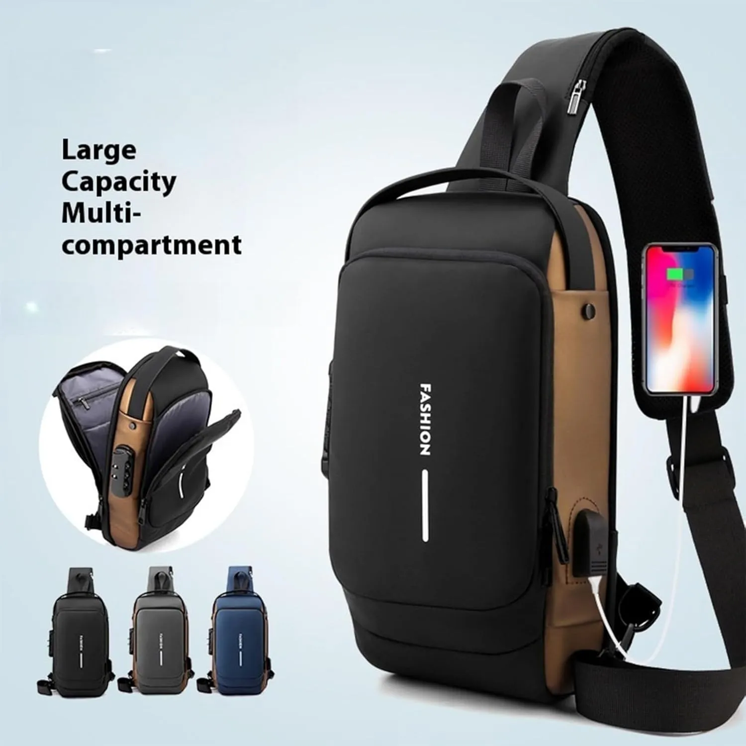 New Carbon Fiber Streamline Anti-Theft Sling Bag,USB charging port Sport Waterproof Shoulder Bag, for Daily Trips, Commutes (Blue)