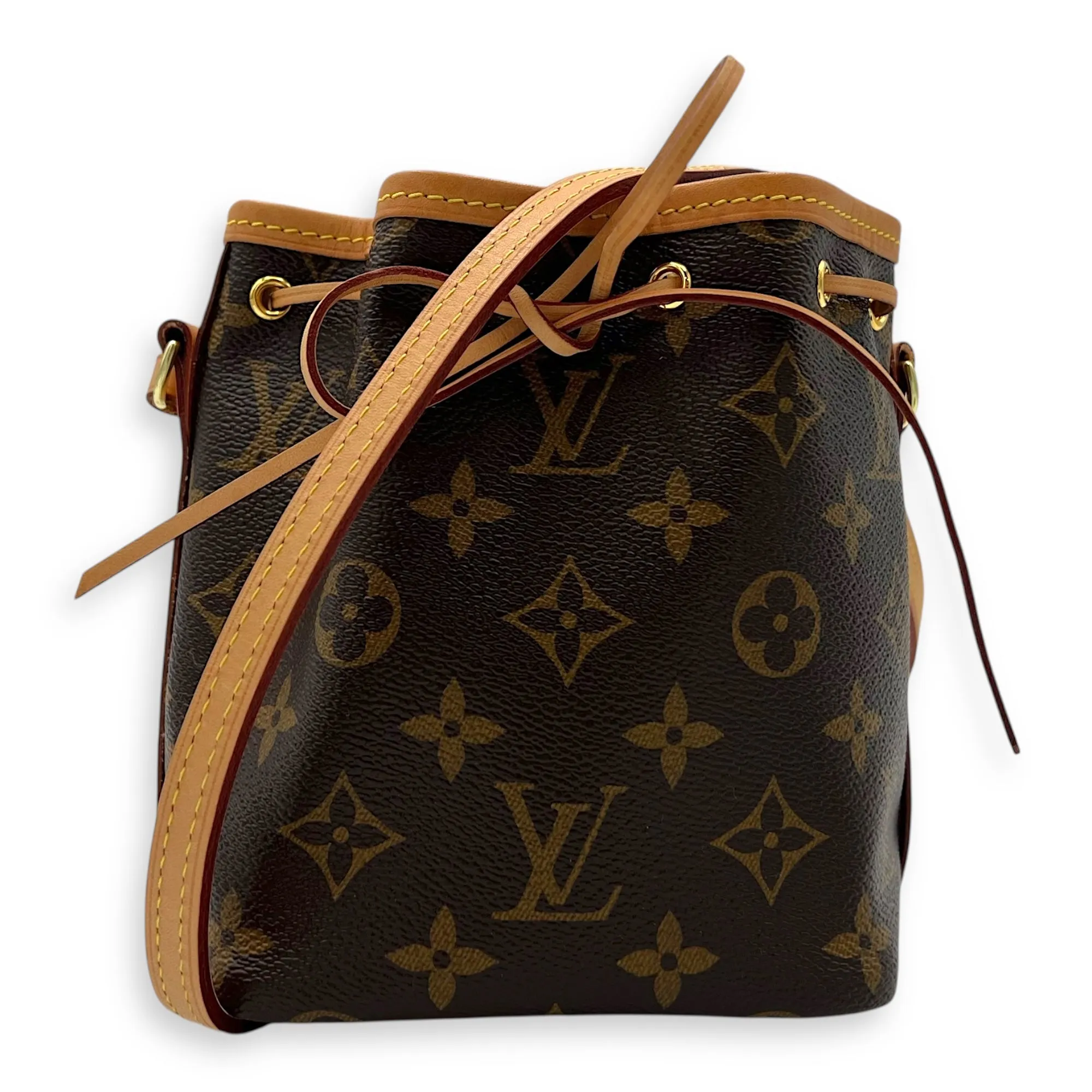 Noe Crossbody Bag Nano Brown in Monogram Coated Canvas, Gold hardware