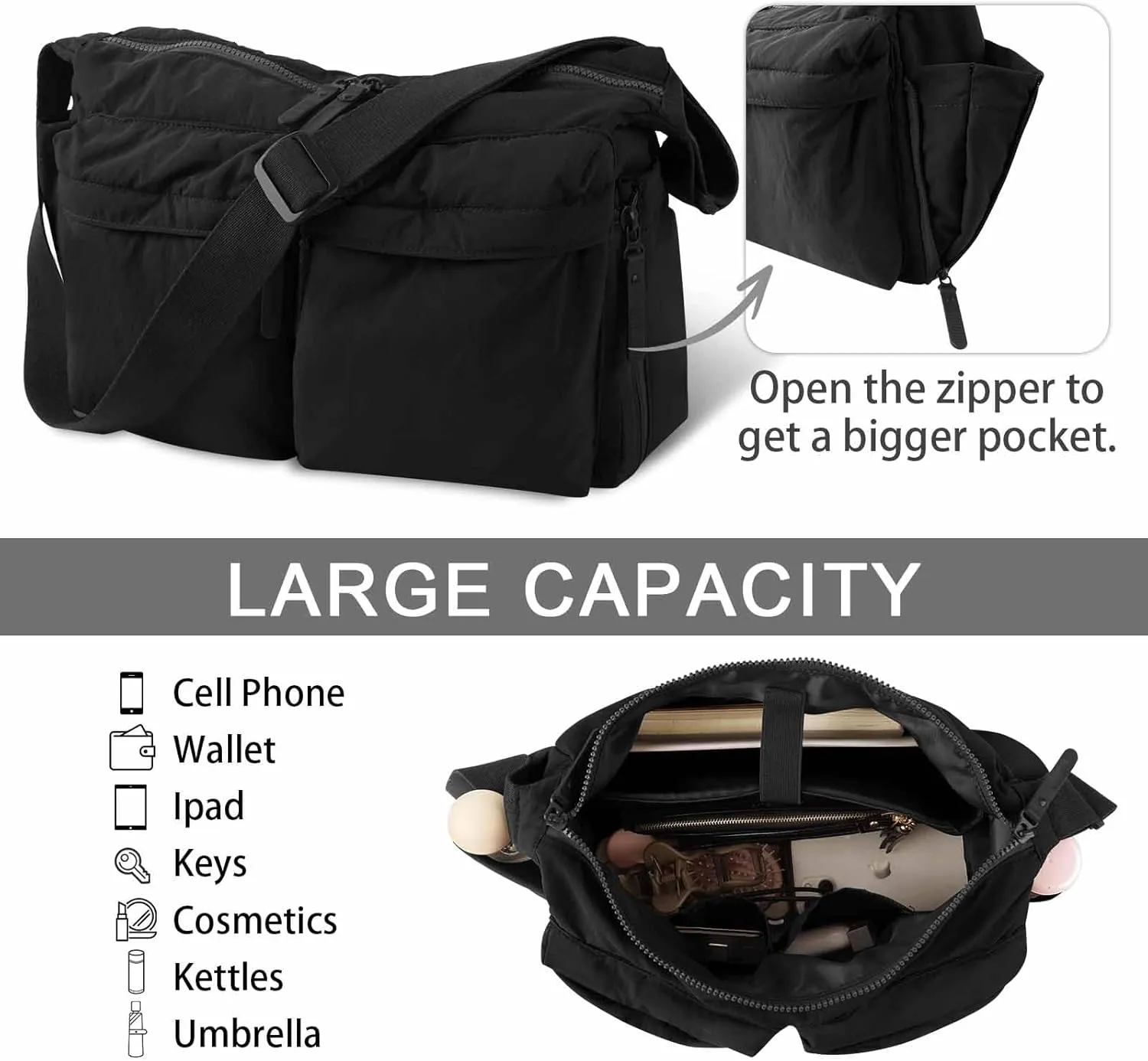 Nylon Crossbody Messenger Bag for School, Women Large Shoulder Bag Hobo Tote Bag Lightweight Computer Crossbody Bag
