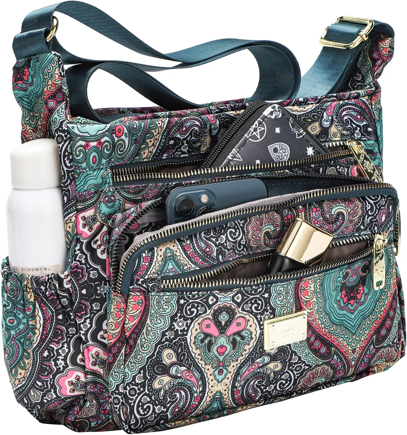 Nylon Floral Multi-Pocket Crossbody Purse Bags for Women Travel Shoulder Bag