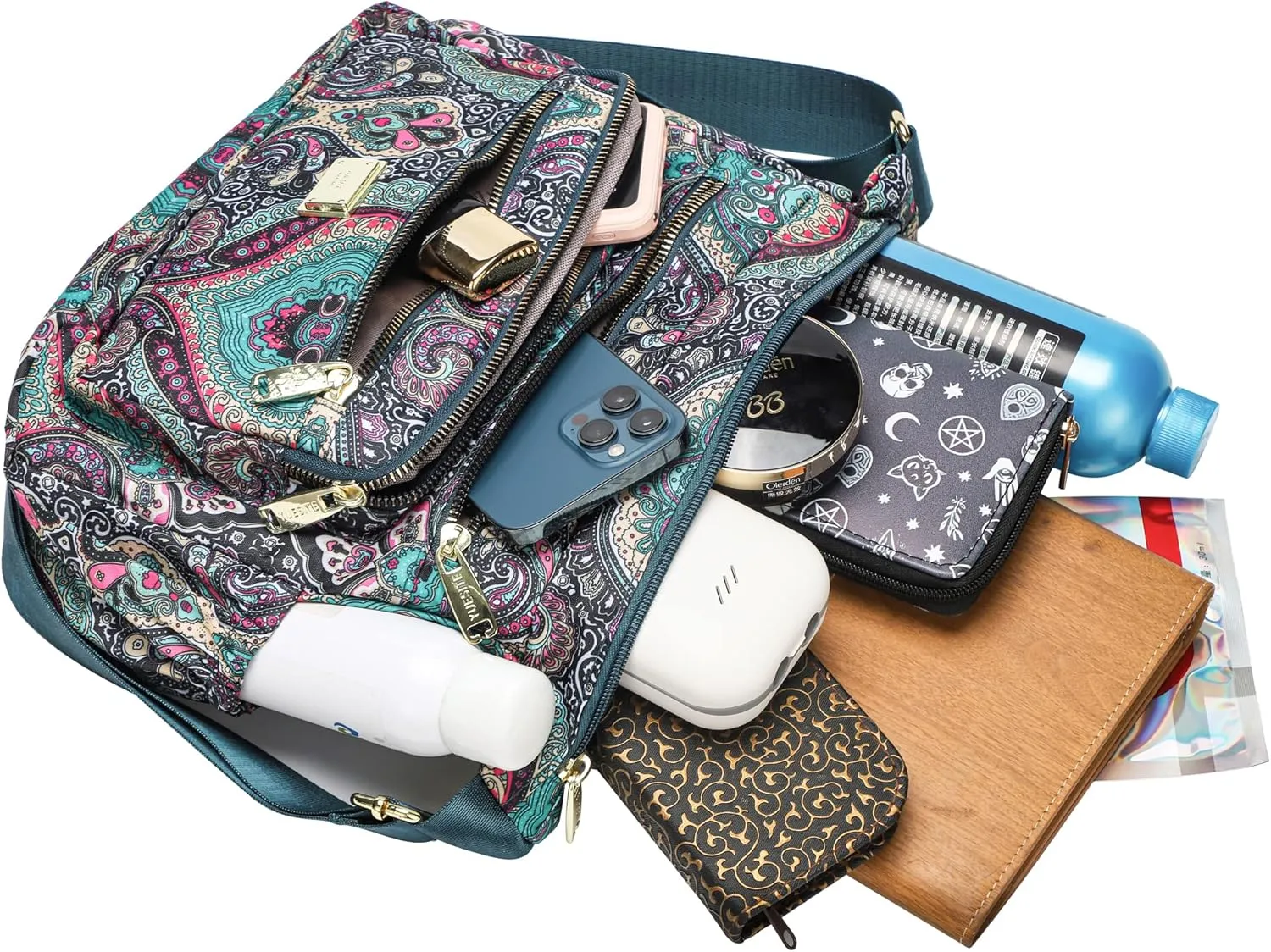 Nylon Floral Multi-Pocket Crossbody Purse Bags for Women Travel Shoulder Bag