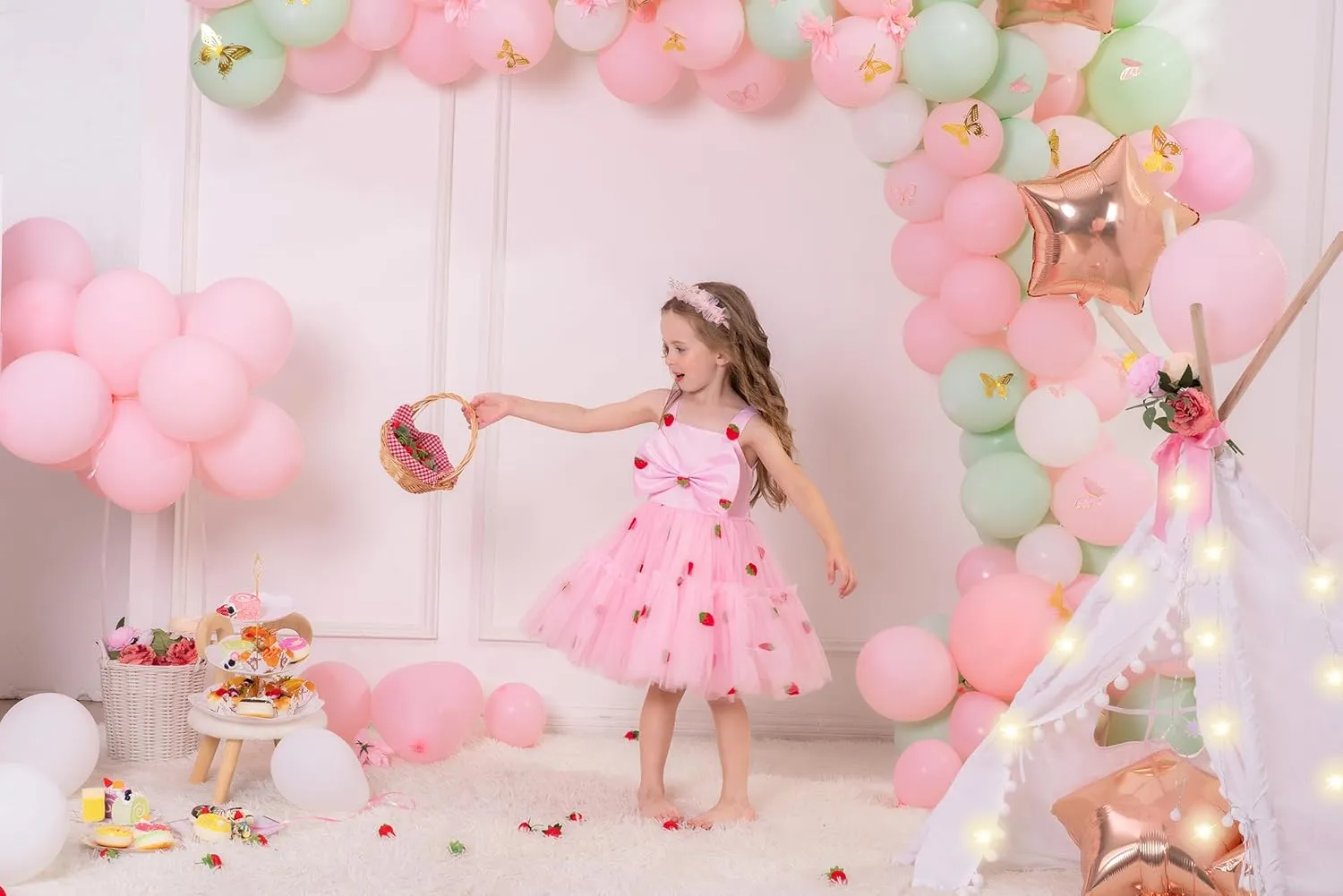 OBEEII Toddler Baby Girl Birthday Dress Sleeveless Satin Bowknot Butterfly Strawberry Tulle Dress Flower Girl Pageant Dress