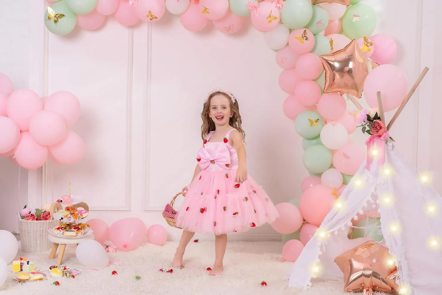 OBEEII Toddler Baby Girl Birthday Dress Sleeveless Satin Bowknot Butterfly Strawberry Tulle Dress Flower Girl Pageant Dress