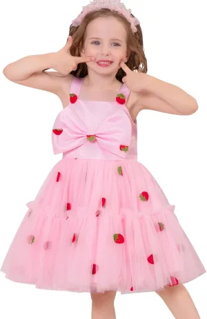 OBEEII Toddler Baby Girl Birthday Dress Sleeveless Satin Bowknot Butterfly Strawberry Tulle Dress Flower Girl Pageant Dress