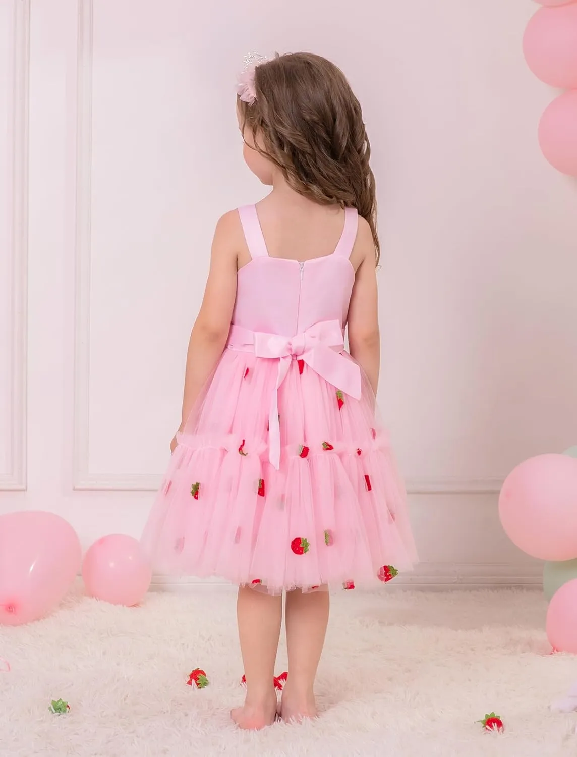 OBEEII Toddler Baby Girl Birthday Dress Sleeveless Satin Bowknot Butterfly Strawberry Tulle Dress Flower Girl Pageant Dress
