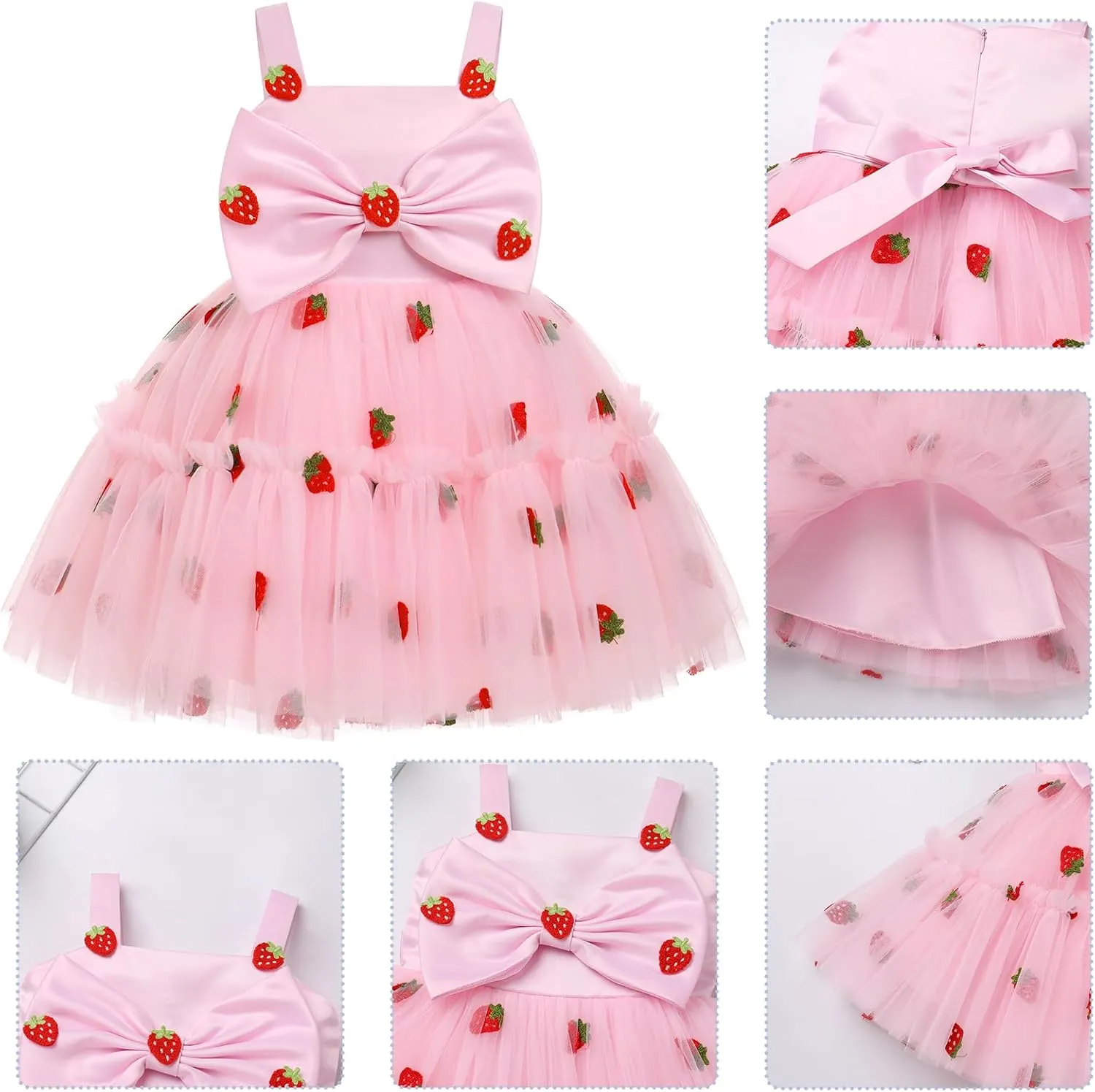 OBEEII Toddler Baby Girl Birthday Dress Sleeveless Satin Bowknot Butterfly Strawberry Tulle Dress Flower Girl Pageant Dress