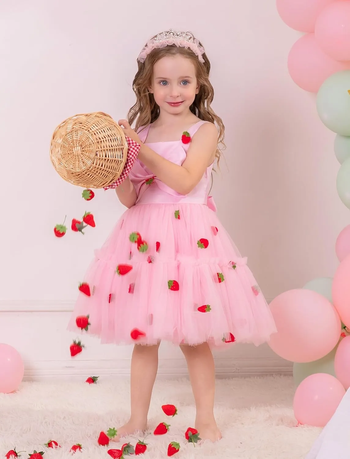 OBEEII Toddler Baby Girl Birthday Dress Sleeveless Satin Bowknot Butterfly Strawberry Tulle Dress Flower Girl Pageant Dress