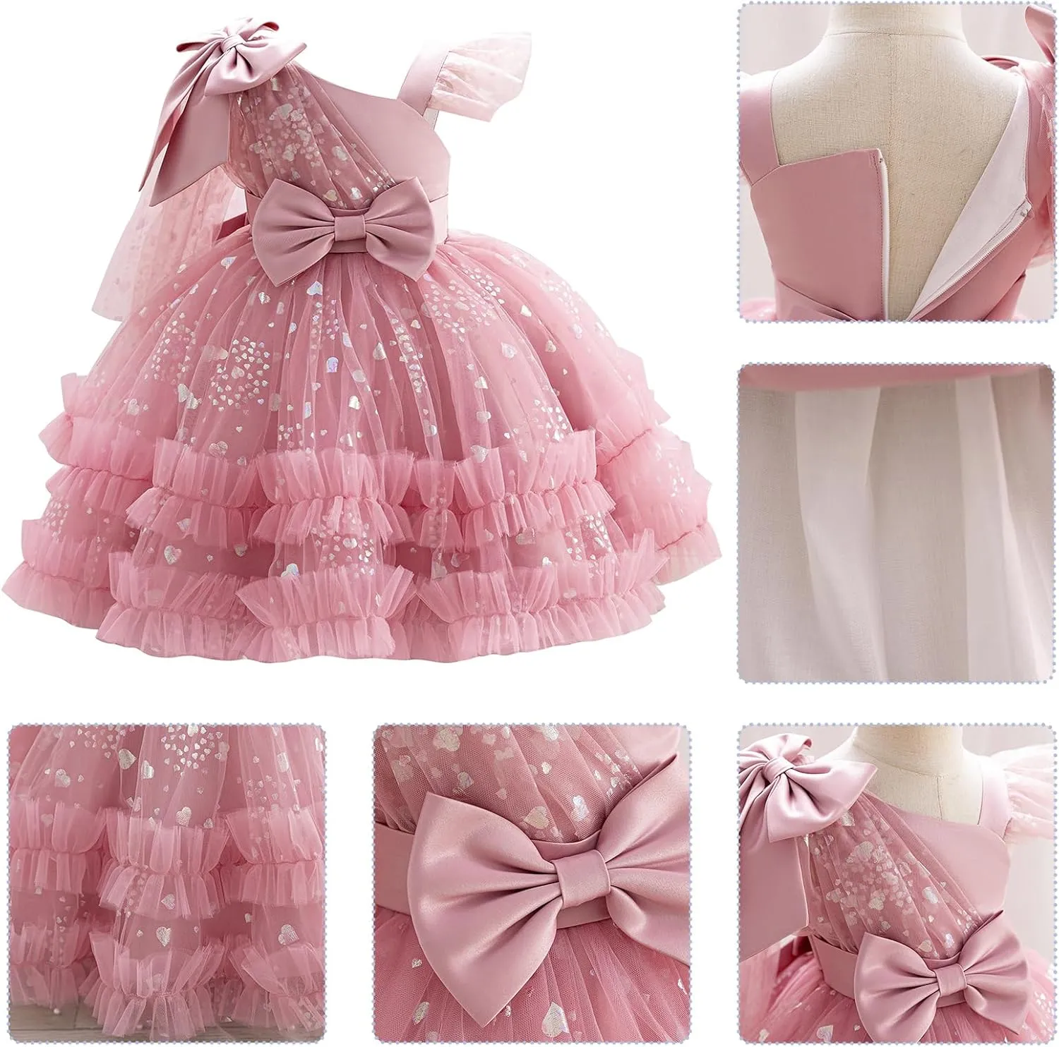 OBEEII Toddler Baby Girls Pageant Dress Sequins Heart Tulle Tutu Dress Flower Wedding Princess Birthday Party Prom Gown