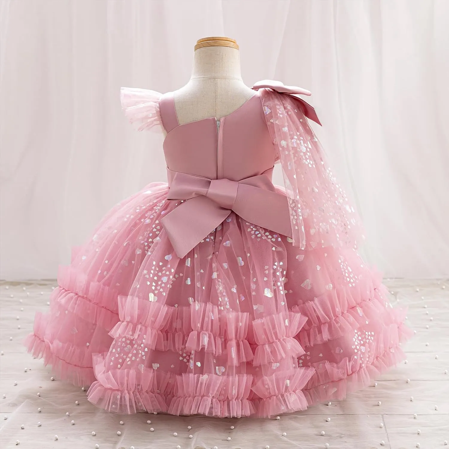 OBEEII Toddler Baby Girls Pageant Dress Sequins Heart Tulle Tutu Dress Flower Wedding Princess Birthday Party Prom Gown