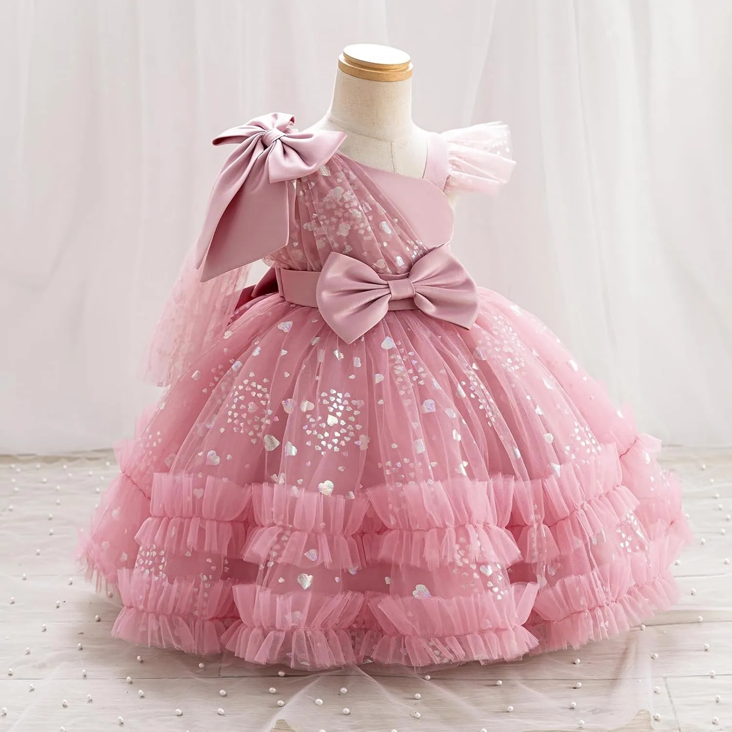 OBEEII Toddler Baby Girls Pageant Dress Sequins Heart Tulle Tutu Dress Flower Wedding Princess Birthday Party Prom Gown