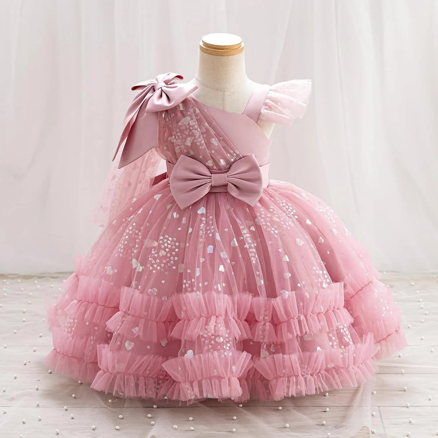 OBEEII Toddler Baby Girls Pageant Dress Sequins Heart Tulle Tutu Dress Flower Wedding Princess Birthday Party Prom Gown
