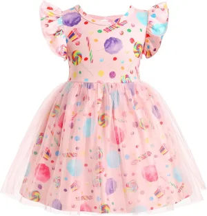 ODASDO Birthday Dress for Baby Girls Toddlers Kids Cartoon Printed Fly Sleeve A-line Tulle Tutu Princess Summer Holiday Dress
