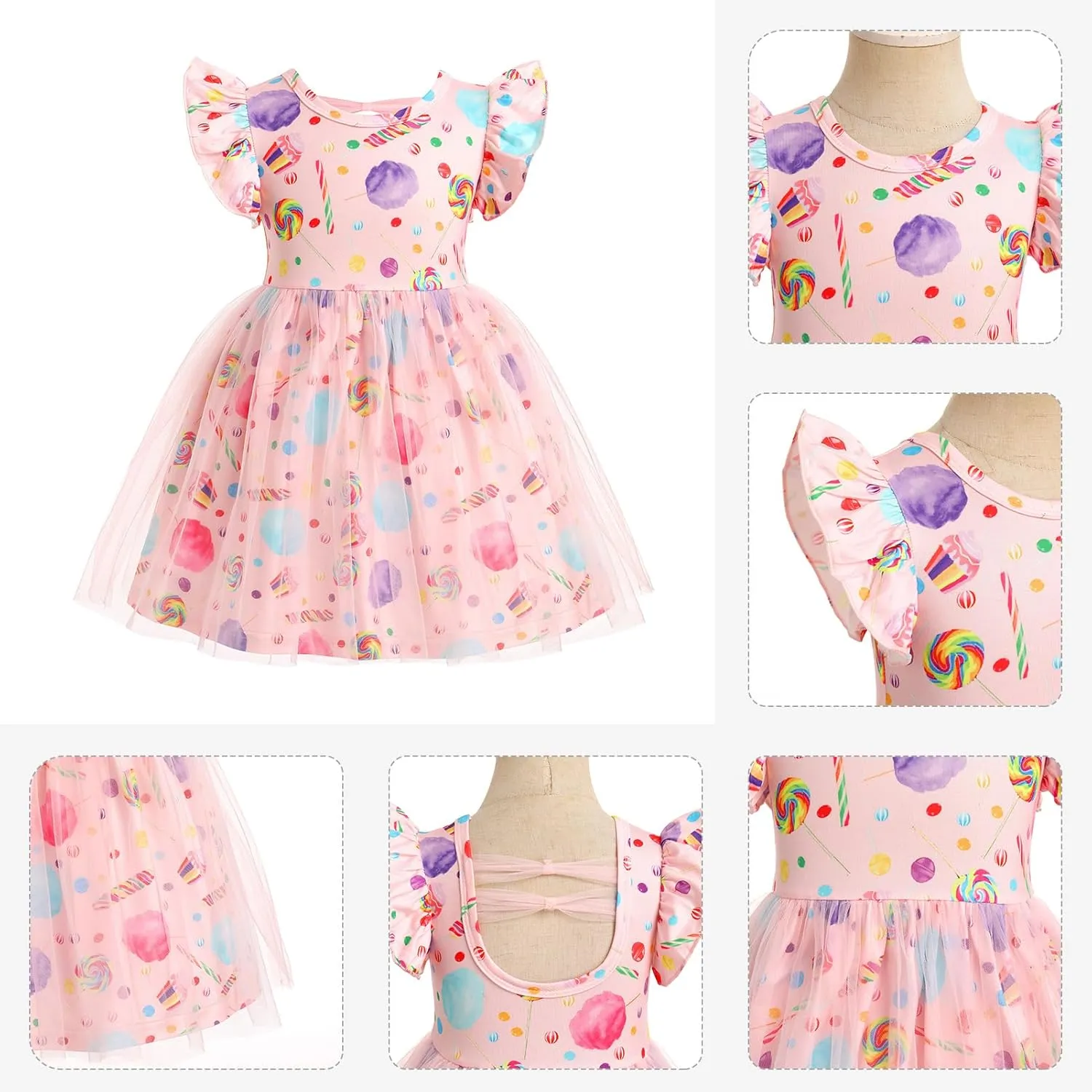ODASDO Birthday Dress for Baby Girls Toddlers Kids Cartoon Printed Fly Sleeve A-line Tulle Tutu Princess Summer Holiday Dress